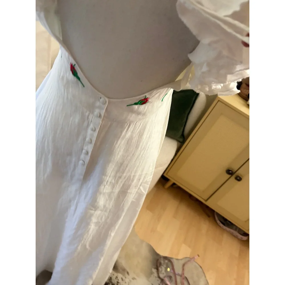 FANM MON‎ White Demre Maxi Dress embroidered roses Size Small